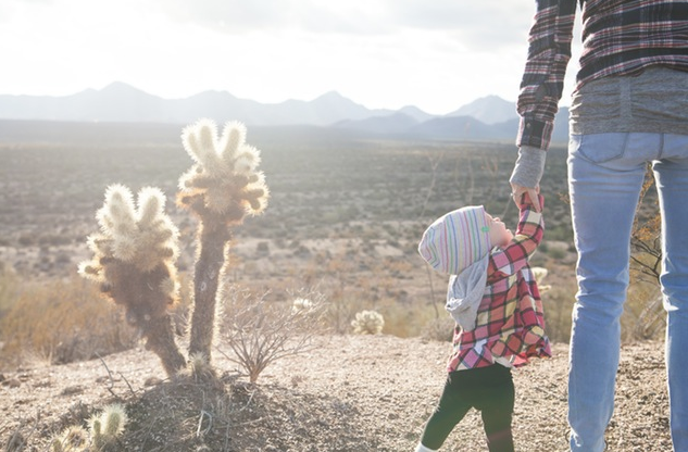 image of toddler holding hands with their parent on a hike